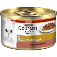 Gourmet Gold кусочки в соусе с уткой и оливками, банка, для кошек, 85 г