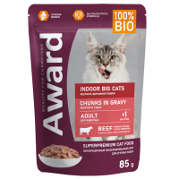 AWARD Indoor big cats для взрослых домашних кошек крупных пород кусочки в соусе с говядиной 85 гр